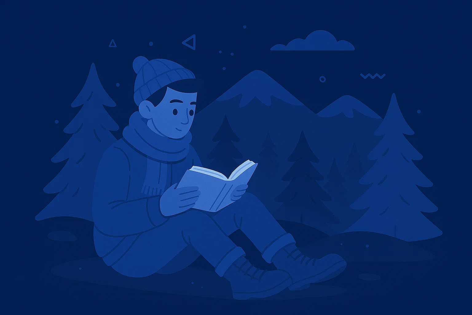 A man reading book in a mountainous setting