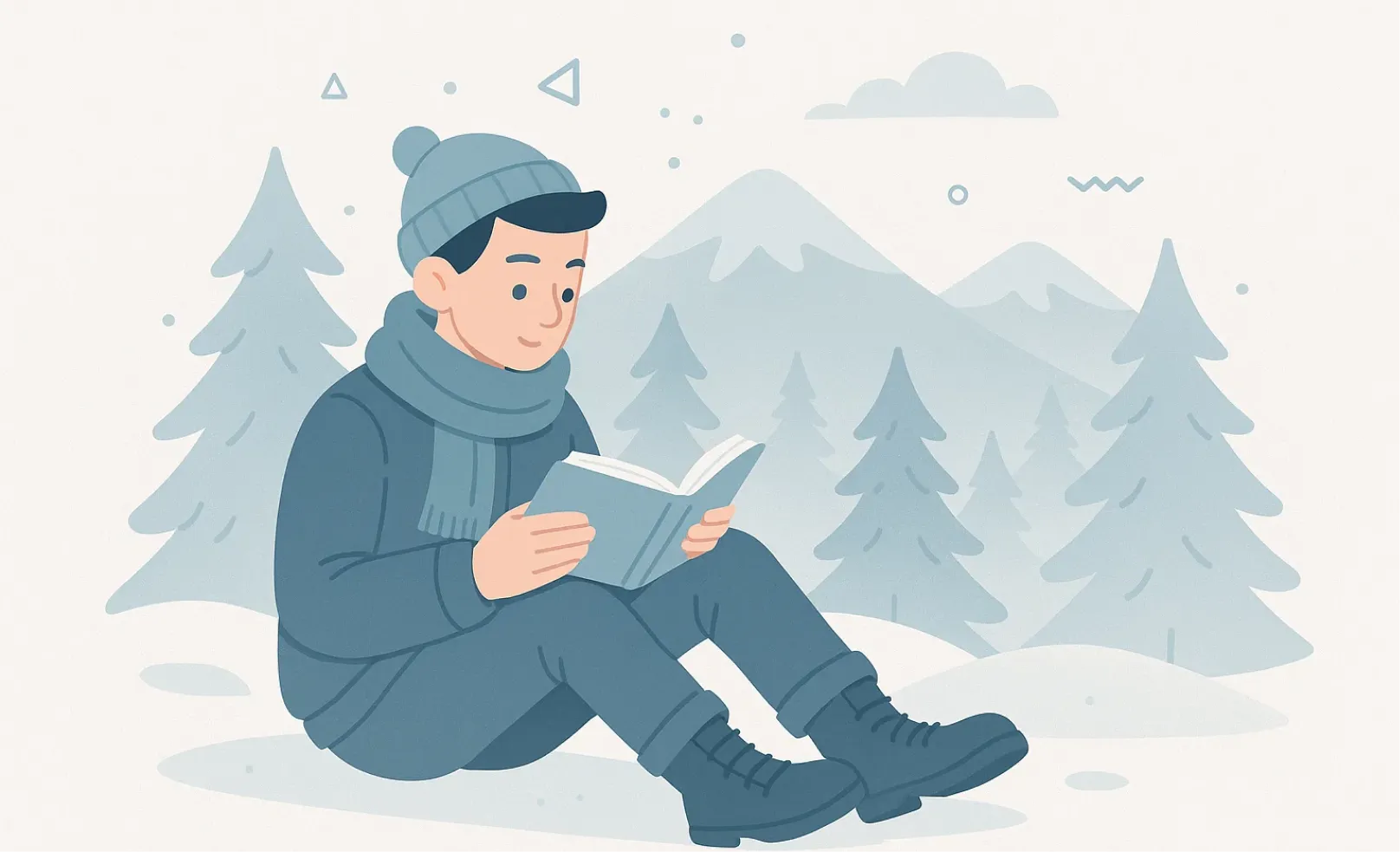 A man reading book in a mountainous setting